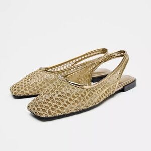 ZARA Gold Woven Slingback Flats